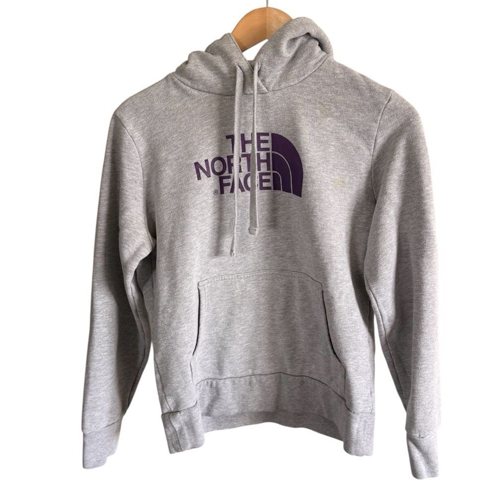The North Face Women’s Gray Pullover Hoodie Sweatshirt with Purple Logo Medium